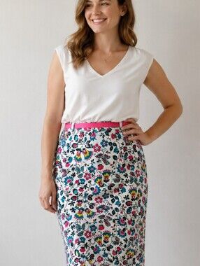 Boden Floral Pencil Skirt in White with Pink Trim